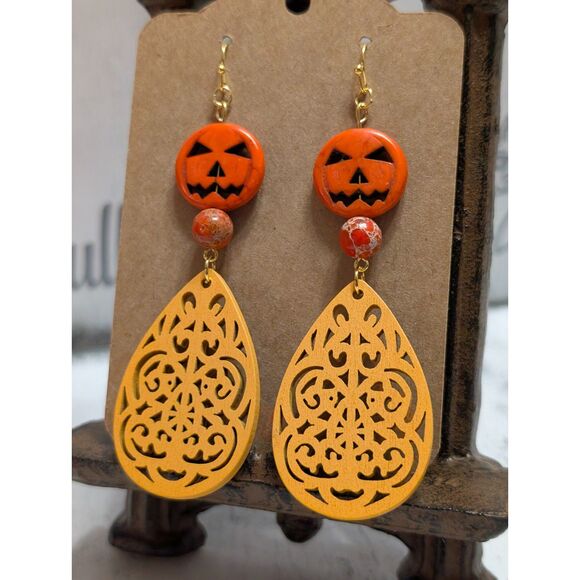 Orange Jack-O'-Lantern and Yellow Wood Filigree Earrings - Picture 1 of 5